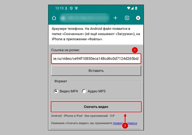 Rdownload в Chrome на Android: ссылка в поле и кнопка «Скачать видео»