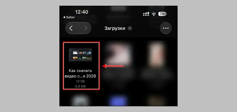 Приложение «Файлы» на iPhone: скачанный ролик в папке «Загрузки»